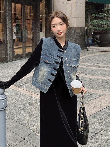 Midi Dress Denim Vest Set Women Long Sleeve Round Neck Black Velvet Size 6-14 - Picture 6 of 18