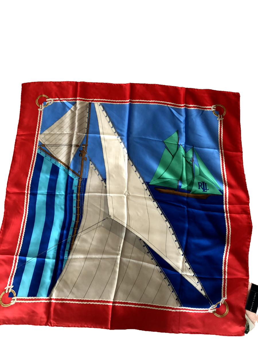 Ralph Lauren Silk Scarf BNWT Sail Boat Nautical Theme READ