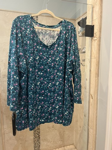 Woman Within Plus Blouse 34/36 Black White green teal cotton long sleeve new