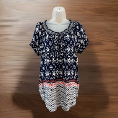 Faded Glory Women's Or Blouse Plus Size M 8-10 Abstract Pattern Pintuck Peasant