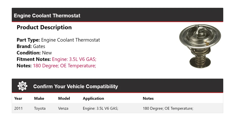 Para Toyota Venza 2011 3,5 L V6 motor gas refrigerante termostato puertas Foto 2 de 4