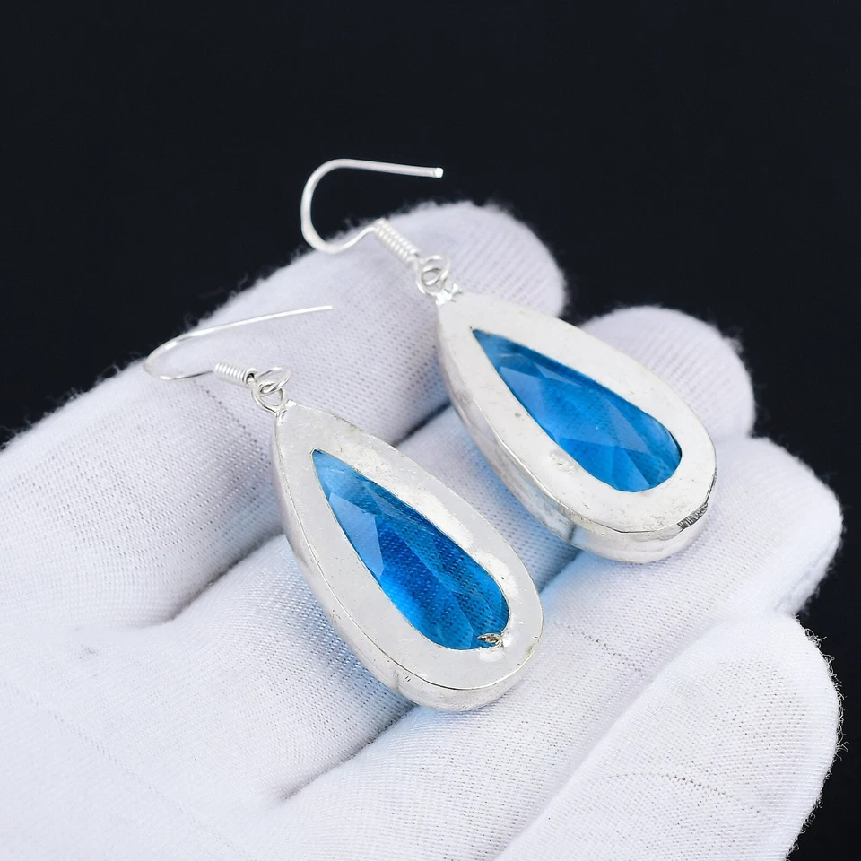 Topazio Blu Gemma Orecchini Argento Fatto a Mano 925 Sterling per Lei - Immagine 4 di 4