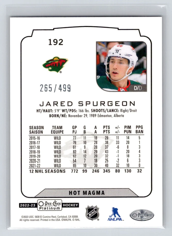 2022-23 O-Pee-Chee Platinum Jared Spurgeon #192 Hot Magma #'d/499 - Image 2 of 2