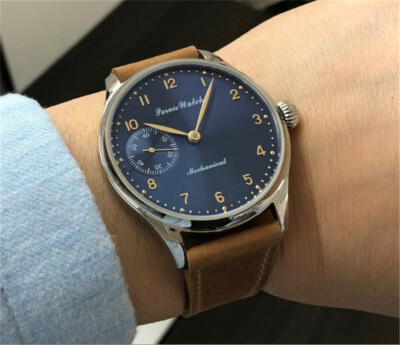 44mm Parnis Blue Dial Sliver Case 6497 Hand-Winding movement Luxury Mens  Watch