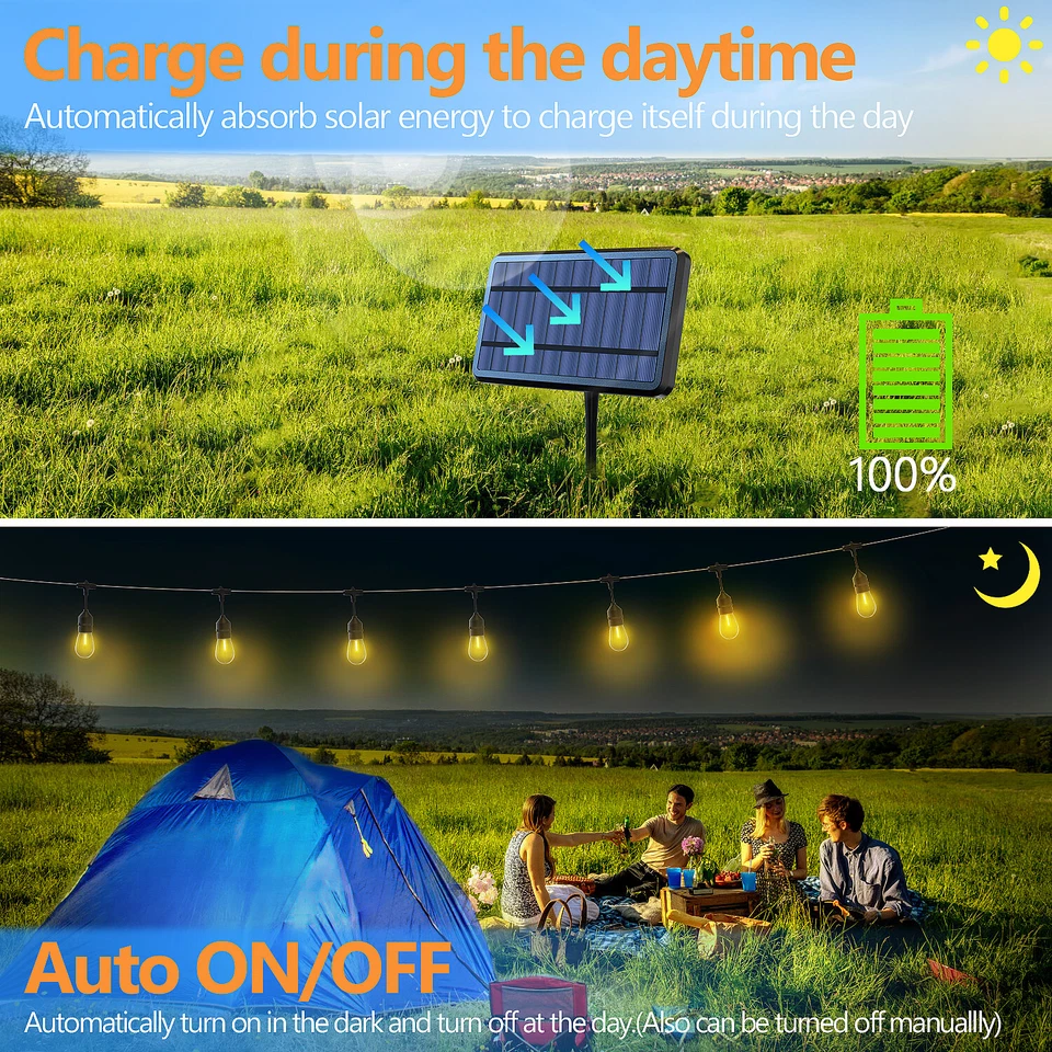 48FT/15M Dimmable Solar String Lights Outdoor 15+1 Led Bulbs Pergola Bistro Deck - image 4 of 4