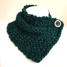 Hand Knit Forest Green Neck Warmer Scarf Wrap with Button Closure - Handmade