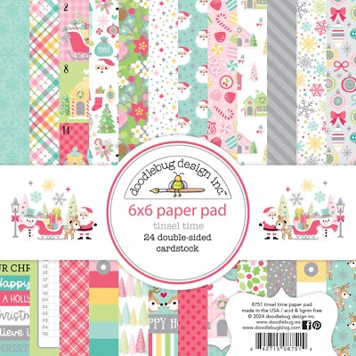 Doodlebug 6X6 Paper Pad Tinsel Time Christmas Santa Reindeer Cottages Snow Trees