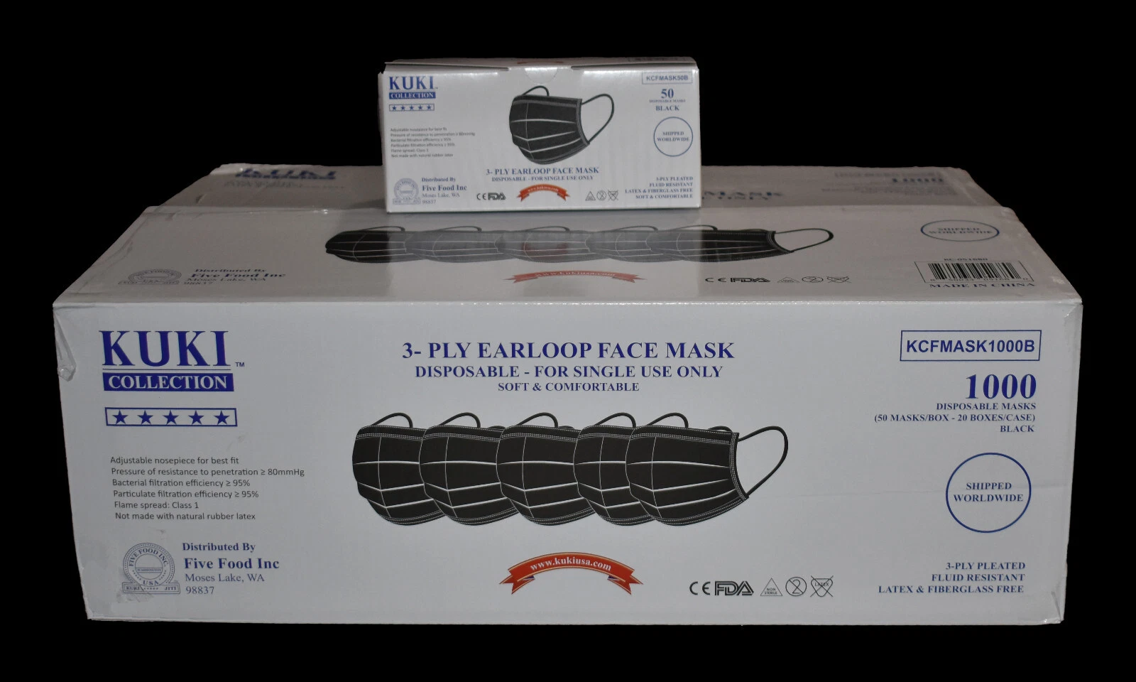 3-Ply Face Masks, Disposable, Case of 1000 - Kuki Collection