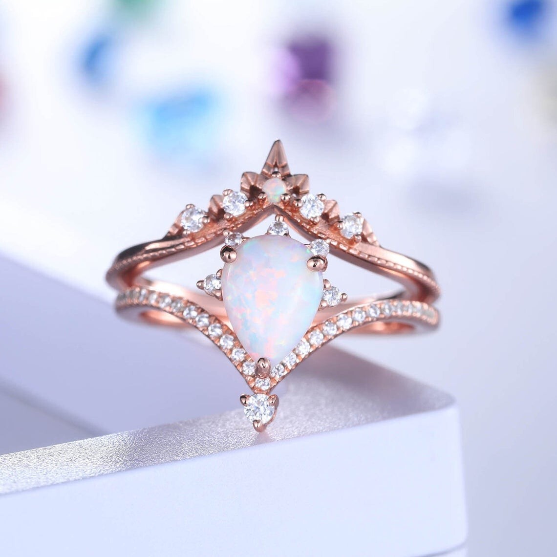 Matching Vintage Fine Birthday Ring 14k Yellow Gold Opalite Diamond Gemstone