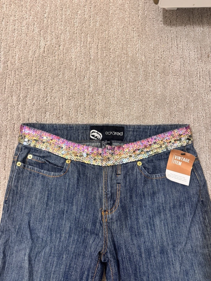 Jeans acampanados rojos Ecko adornados con lentejuelas bootcut tiro bajo Y2K vintage años 90’s raros Foto 3 de 4