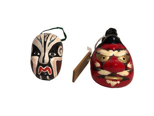 Japanese Clay Tengu Mask Good Luck 2.7 in Bell w Tag Chinese Peking Opera Mask