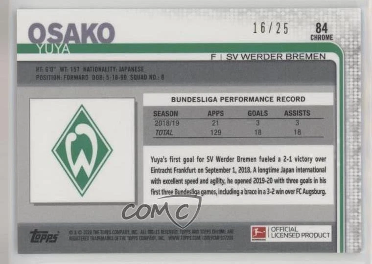2019-20 Topps Chrome Bundesliga Orange Refractor /25 Yuya Osako #84 - Image 2 of 2