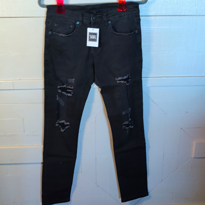 Young & Reckless Men's Black Dark Wash Distressed Skinny Slim Denim Jeans NWT
