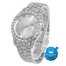 Mens Luxury Diamond Watch Silver Plated Round Dial Quartz Wristband 42MM NEW 