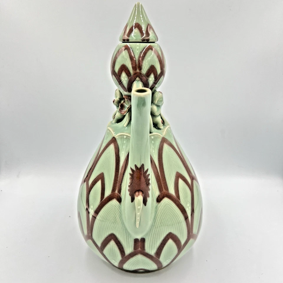 Tetera coreana grande de 12,5" Celadon pétalos de loto verde hecha a mano de colección Foto 4 de 4