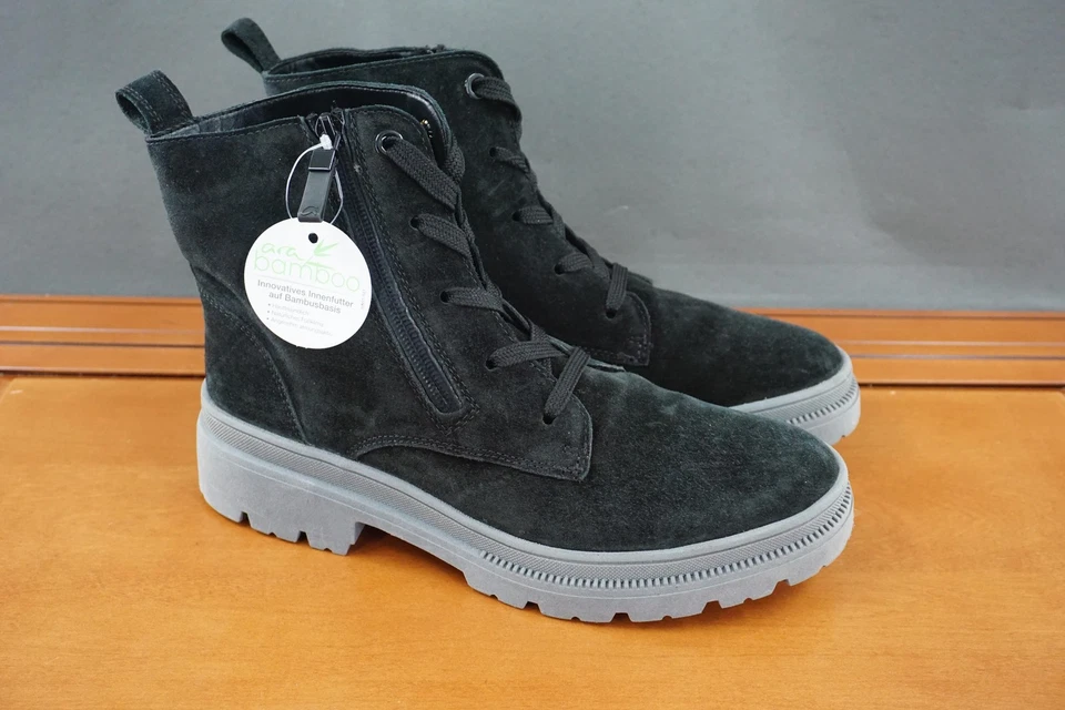 Ara Botas Altas Suaves Zapatos Mujer Talla 6 Negro Gamuza Con Cordones Cremallera Forro Bambú Foto 3 de 4