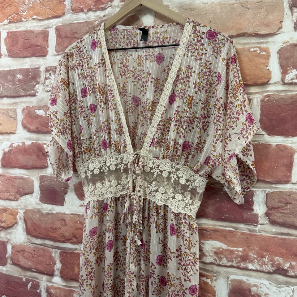 Alya Duster Top Womens Small Medium Boho Chic Floral Cottage Tie Waist Topper - Image 4 of 4