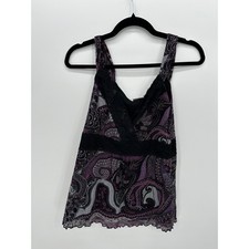 Y2K Purple Paisley Babydoll Top Sz Lace Trim Size M Fairy Coquette Lettuce Hem