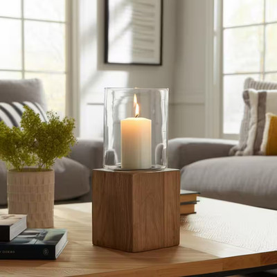 15 In. Brown Mango Wood and Glass Pillar Candle Holder with Clear Hurricane Shad