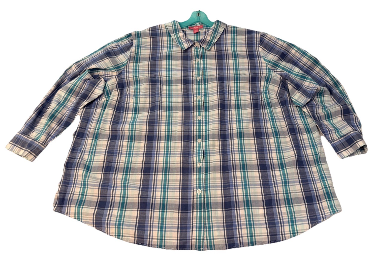 WOMAN WITHIN Women 3X 30/32 Plaid Button Up Shirt Long Sleeve Green Blue White