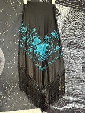 Medium Black and Turquoise Flamenco Manton with Flower Embroidery