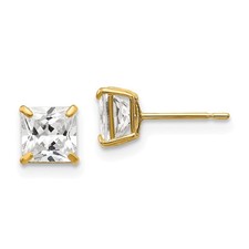 Real 14K Yellow Gold 5mm Princess Square CZ Post Earrings; Women  Men