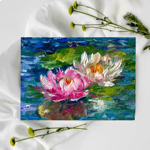 ACEO Original Oil Painting White and Pink Lotus Art Cards Impasto 3.5x2.5 Signed