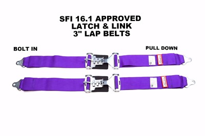 SAFETY HARNESS NEW PAIR 3'' LATCH & LINK LAP BELT 2 POINT RACING BELT PURPLE