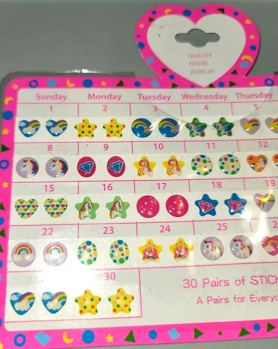 30-Day Stick-On Earrings Kiddie Jewelry Rainbows Unicorn Horse Pony Daily  Sets