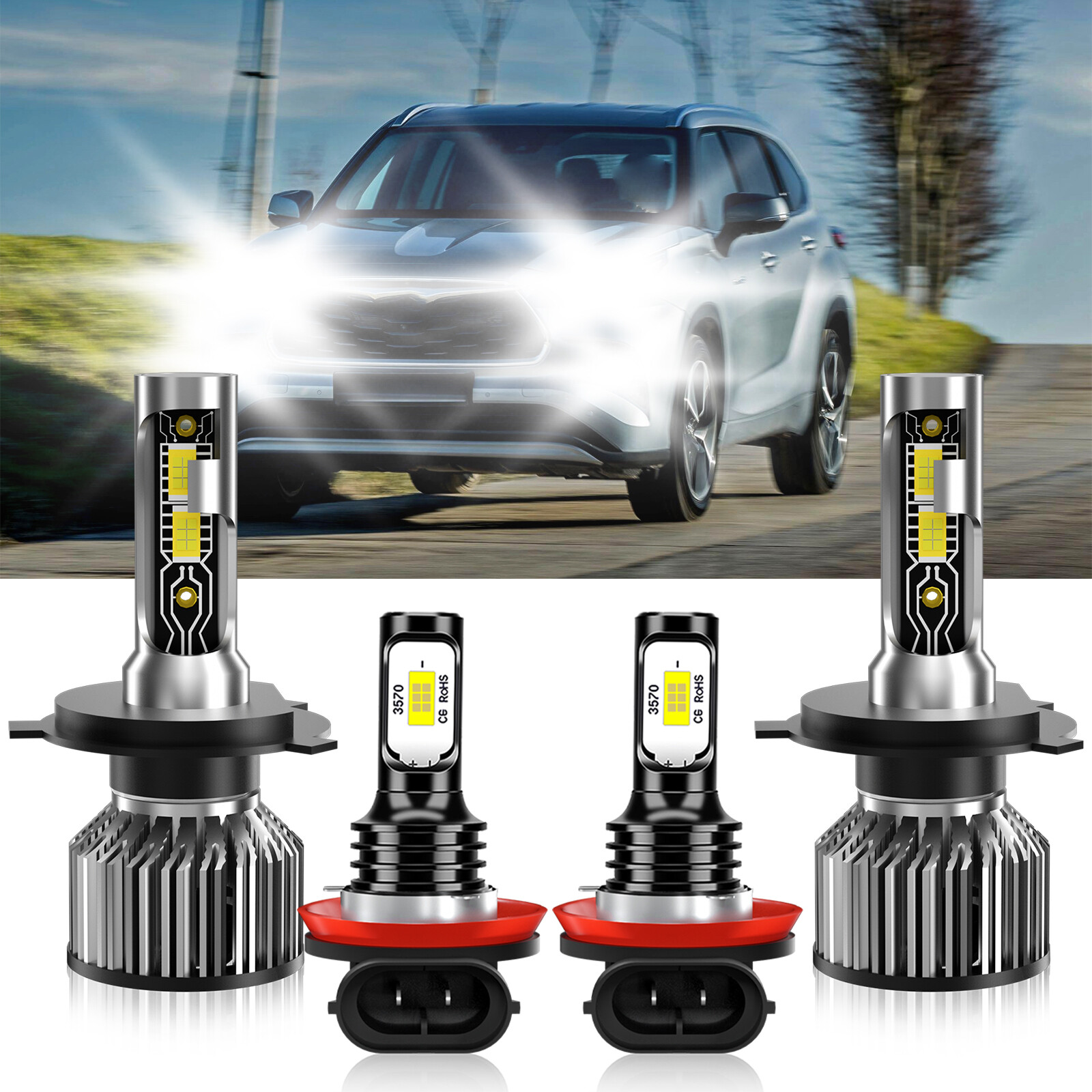 LED Headlight + Fog Light Bulb Combo 6500K white For Toyota Highlander 2008-2010