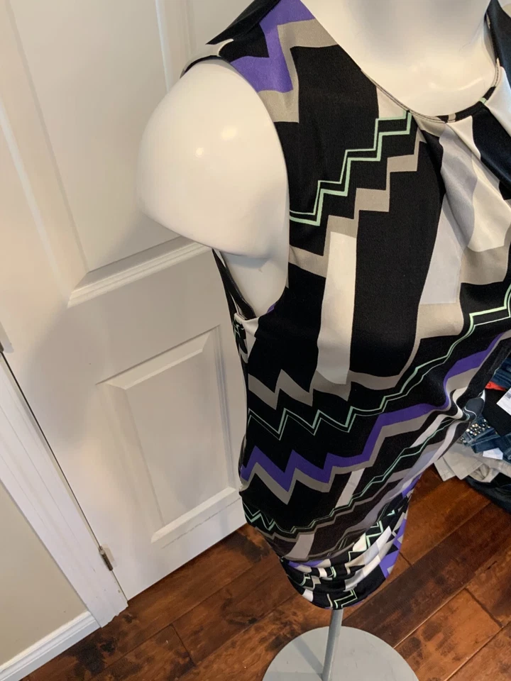 Vestido Lápiz Poleci Púrpura, Negro y Gris Seda Geométrico Sin Mangas, Talla M Foto 3 de 4