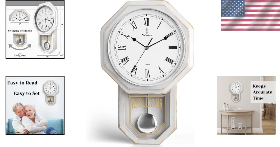 Rustic White Pendulum Wall Clock - Silent Battery Operated Farmhouse Style - Image 2 of 4