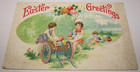 Vintage Postcard Easter Greetings Kids Gathering Eggs Putting in Cart Germany — photo 1