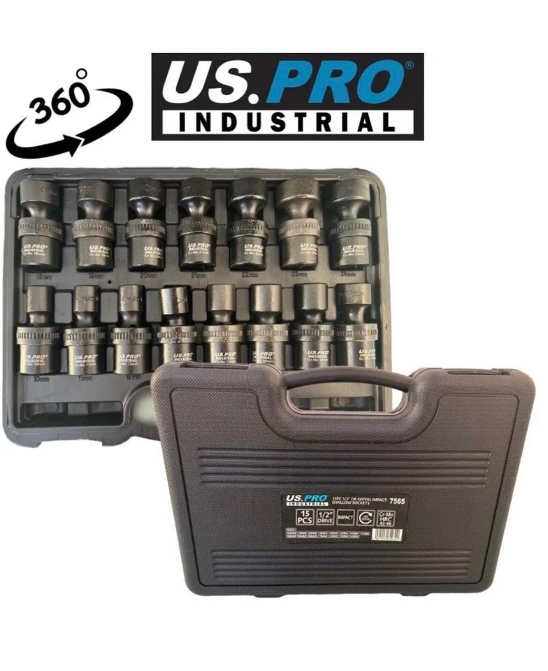 US PRO 15pc 1/2" dr 6pt Swivel Wobble Impact Shallow Socket Set 10-24mm - Image 2 of 4