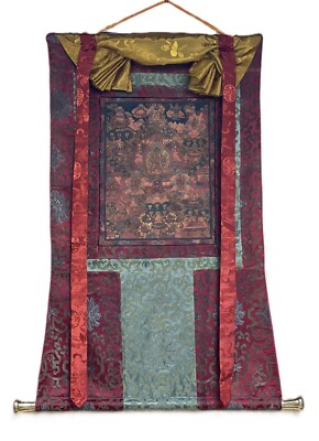 BUDHHA LIFE MANDALA OLD OIL VARNISHED TIBETAN THANGKA PAINTING WIRH SILK BORDER