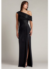 TADASHI SHOJI Black Metallic Shimmer Jersey Leary Draped One Shoulder Gown S 4/6