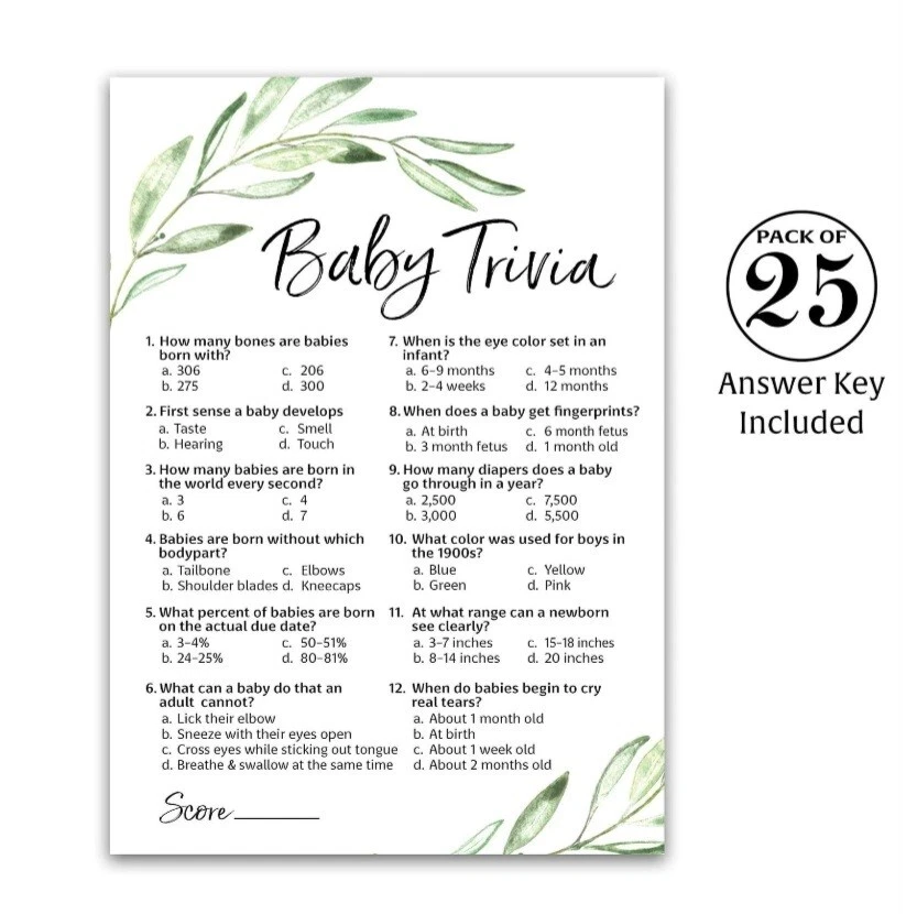 GREENERY Juego Baby Shower BABY TRIVIA Juegos Pack de 25 Datos Divertidos Bebé Minimalista Foto 3 de 3
