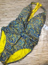 2430 Athena Liesl Paisley Plunge Twist Strappy One Piece Swimsuit YELLOW sz 10