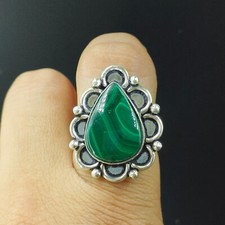 Natural Malachite Pear Gemstone 925 Sterling Silver Ring Size-7 US
