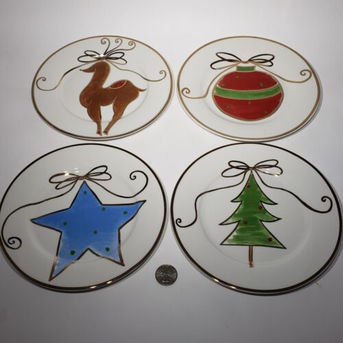 Set of 4 Pier 1 Appetizer Dessert 7.5" Plates Star Tree Ornament Reindeer - Picture 1 of 7