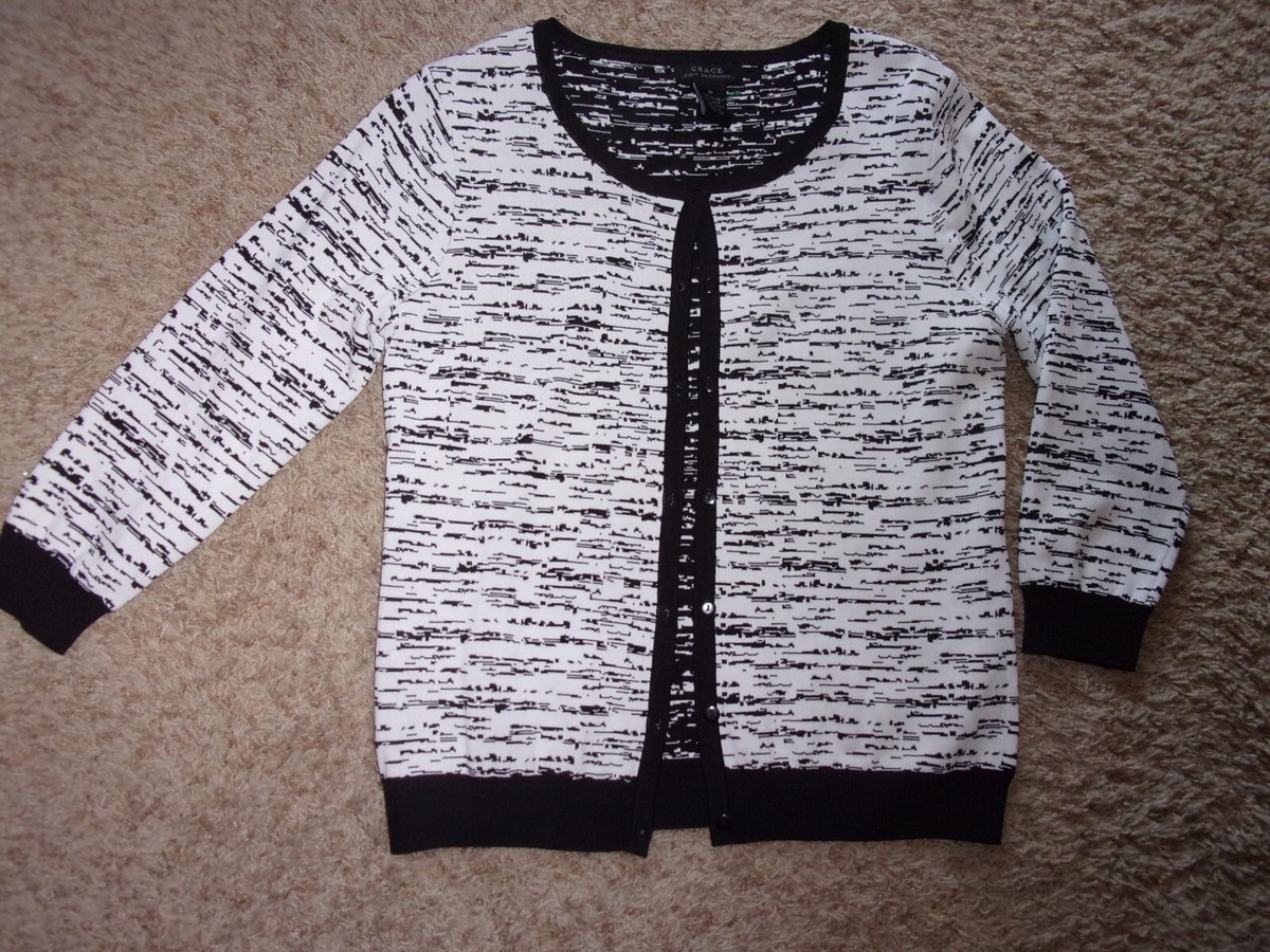 GRACE KNIT DRESSING BLACK & WHITE Button Front Rayon/Nylon SWEATER SIZE M