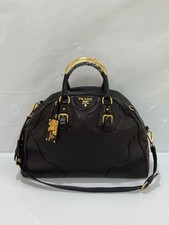 AUTH Prada Nautical Boston Bag Black Vitello Leather Shoulder Crossbody Gold HW