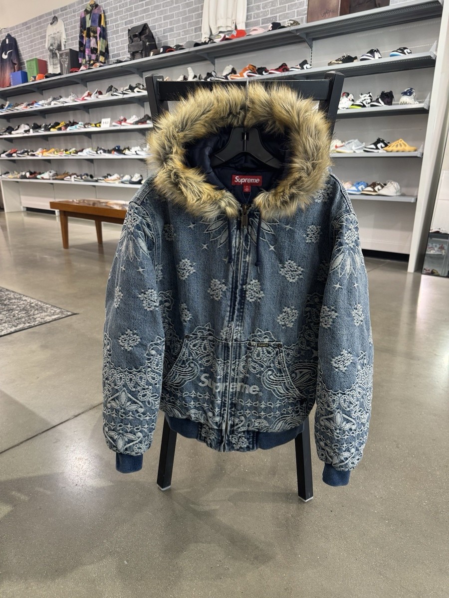 Preowned Supreme Jacquard Bandana Denim Hooded Work Jacket Blue Preowned Supreme Jacquard Bandana Denim Hooded Work Jacket Blue
