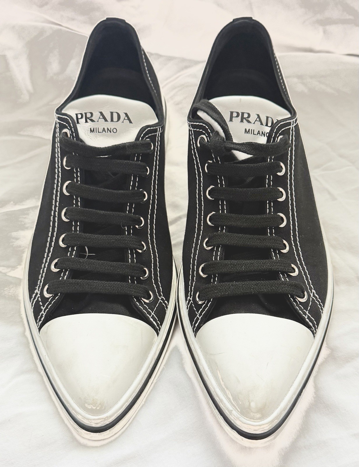 PRADA Milano Black White Canvas Sneakers Lace Up Logo Men's Casual Shoes