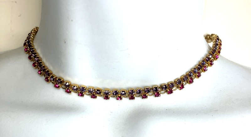 Vintage Signed Kramer Gold  Link Adjustable Pink Purple Rhinestones Necklace
