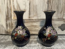 Kutani Japan Bud Vases Cobalt Blue Porcelain with Hand-Painted Floral Cart 1950s