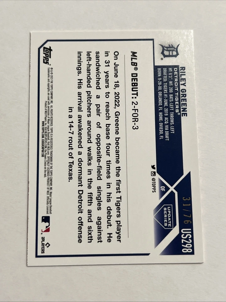 2023 Topps Update Riley Greene 31/76 Independence Day Rookie Debut RC - Image 3 of 3