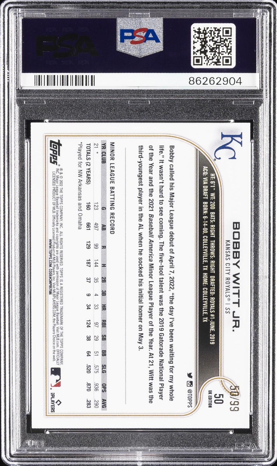 2022 TOPPS UK EDITION BIG BEN #50 BOBBY WITT JR. ROOKIE RC 50/99 PSA 9 view 2