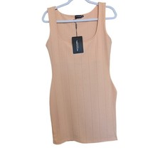 PrettyLittleThing Peach Ribbed Bodycon Mini Dress Sleeveless Scoop Neck Size 10