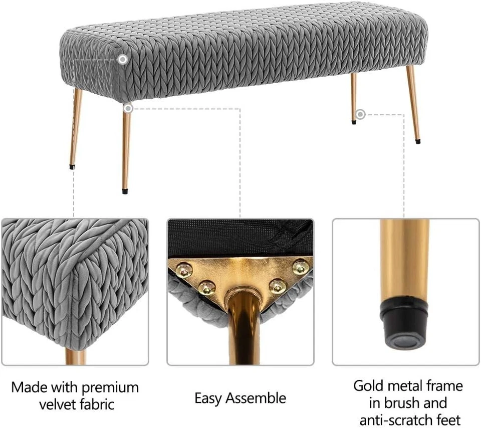 Banco otomano moderno de terciopelo acolchado, banco de entrada tapizado patas doradas acolchado Foto 4 de 4